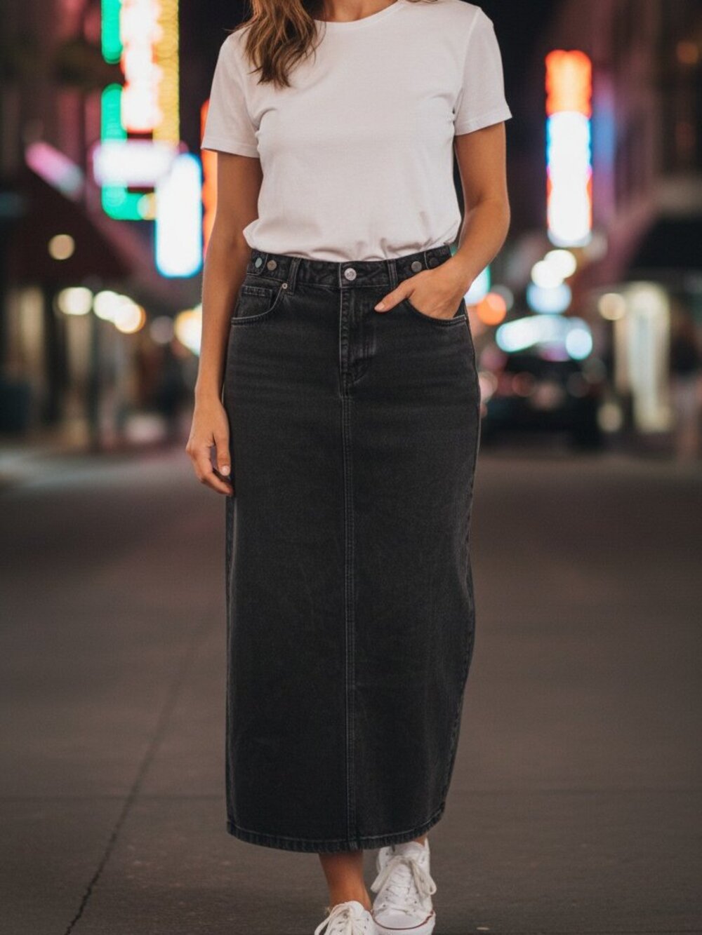 Mary Wyatt Black Midi Denim Jean Skirt